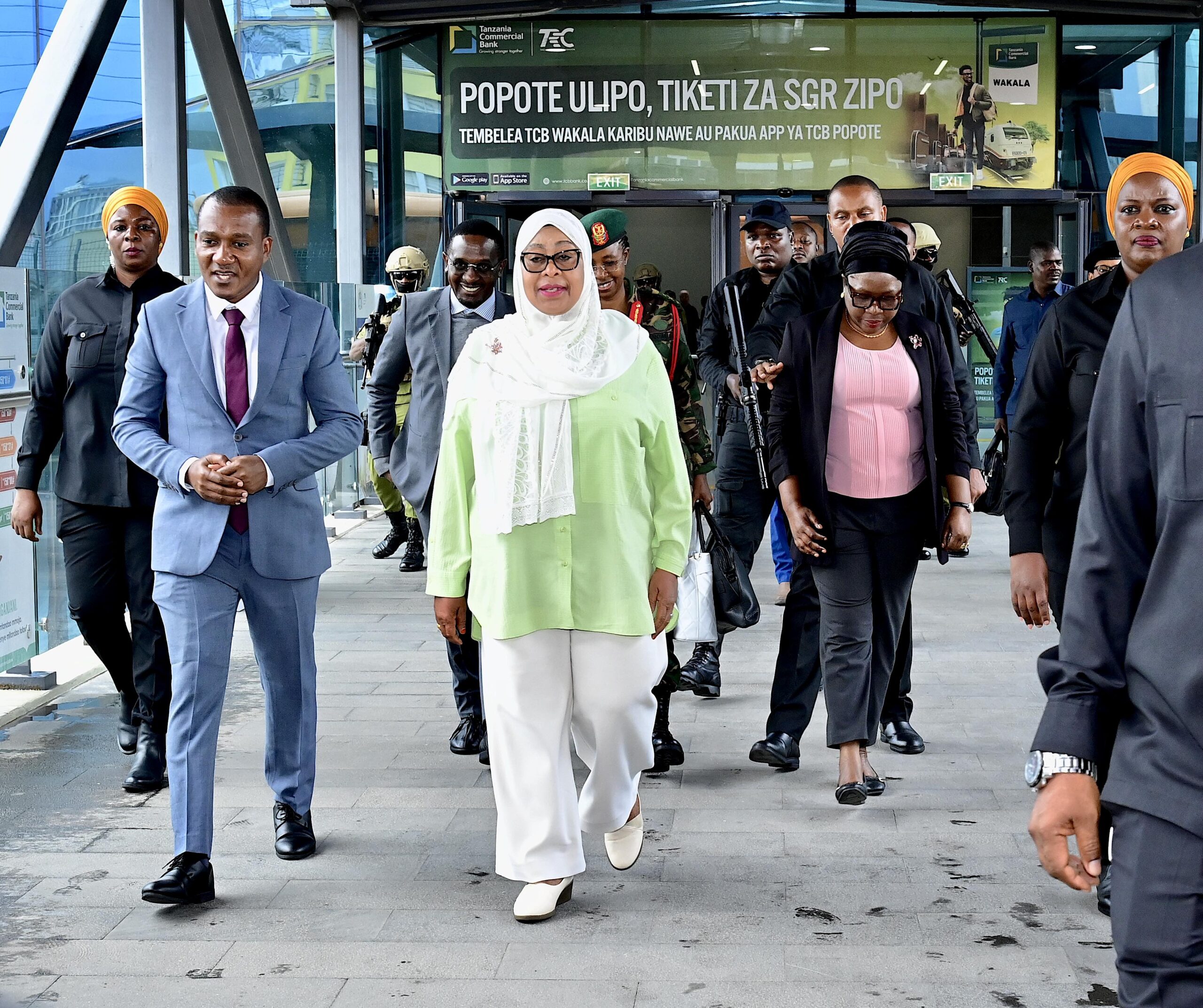 The President of the United Republic of Tanzania, Dr. Samia Suluhu Hassan arrives at the Magufuli Station for a SGR train trip from Dar es Salaam to Dodoma